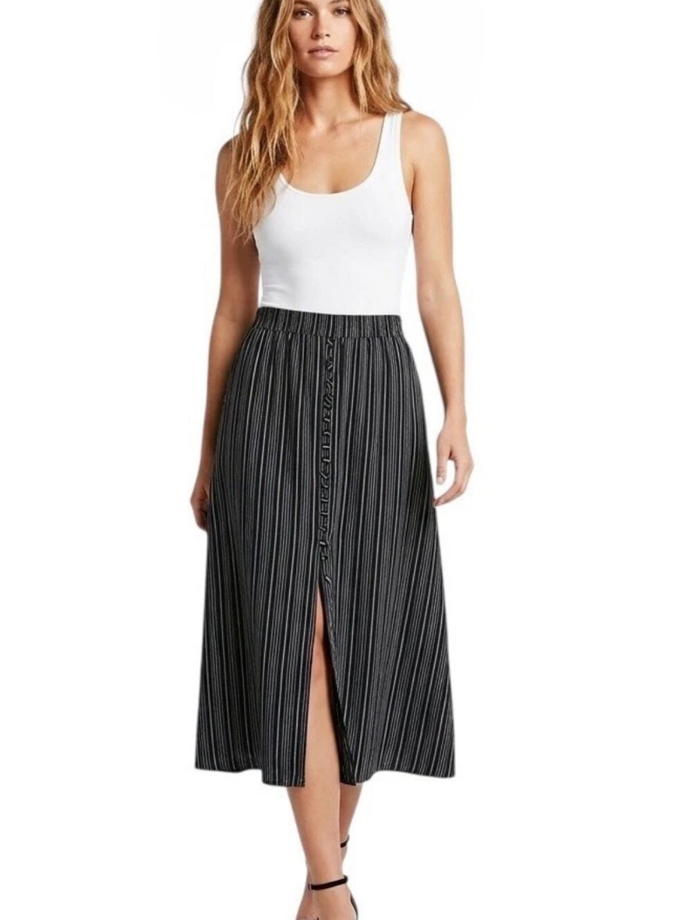 Loft Black Pinstripe A-Line Women's Skirt Linen Blend Large